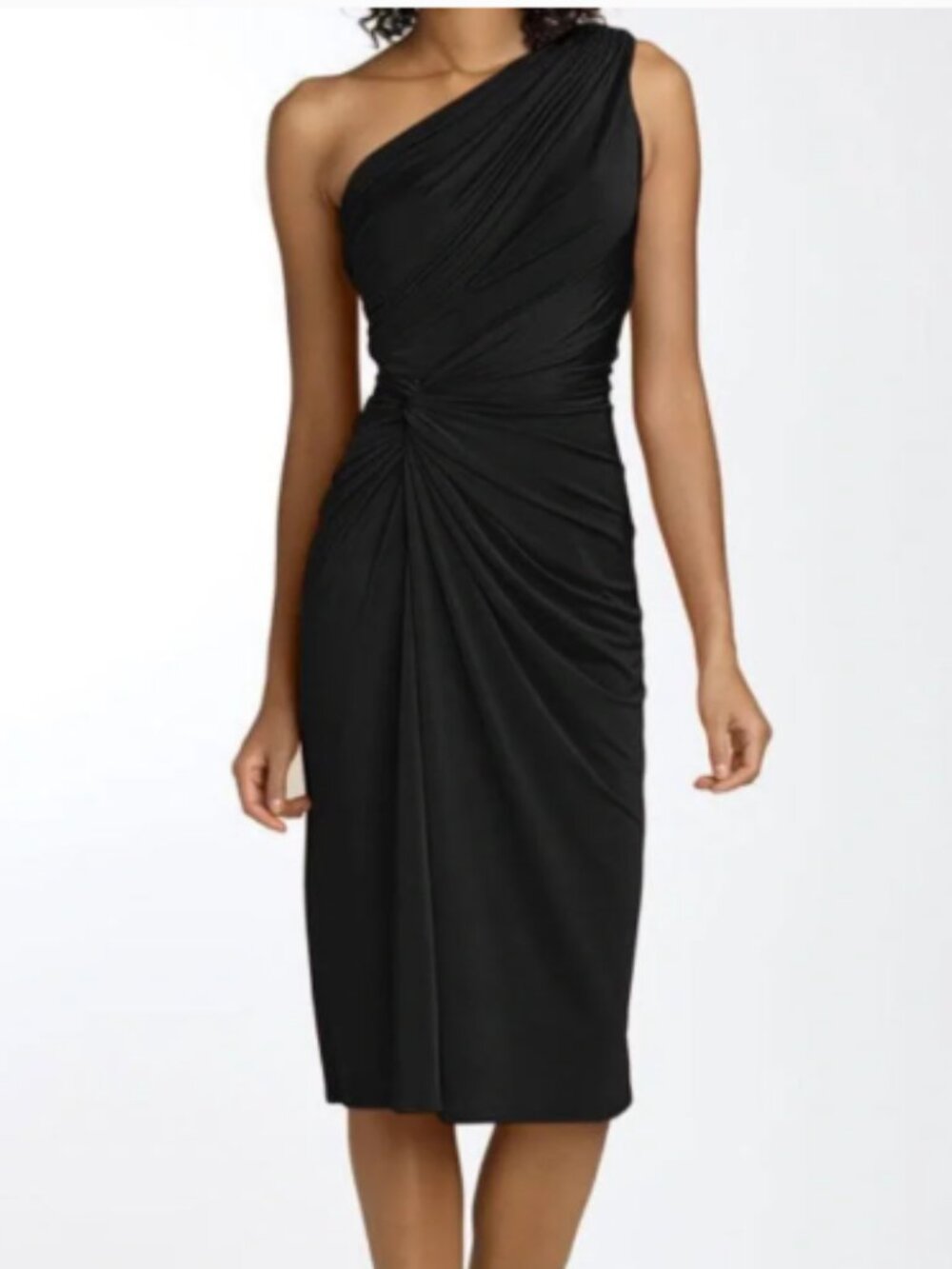 Tadashi Shoji Black One Shoulder Ruched Dress Large Cocktail Evening Stretch L